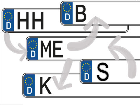 Bild vergrößern: Autokennzeichen mit verschiedenen Ortskrzeln.