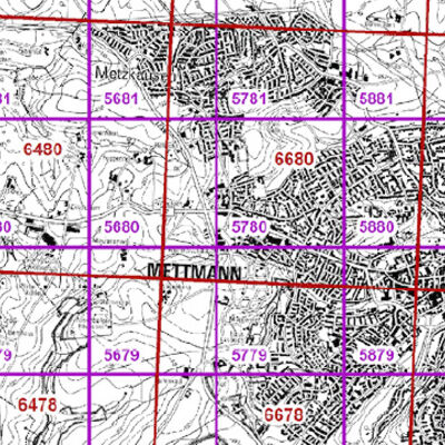 Bild vergrößern: Ausschnitt einer Karte des Kreises Mettmann mit Kennzeichnungen von Planquadraten.