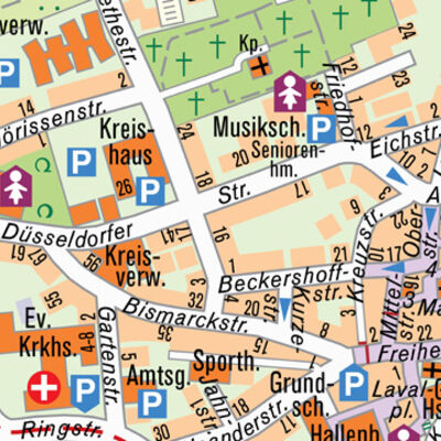 Bild vergrößern: Ausschnitt der amtlichen Stadtkarte des Kreises Mettmann in Standard-Orange im Maßstab 1:15000.