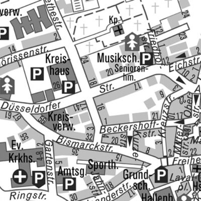 Bild vergrößern: Ausschnitt der amtlichen Stadtkarte des Kreises Mettmann im Maßstab 1:15000.