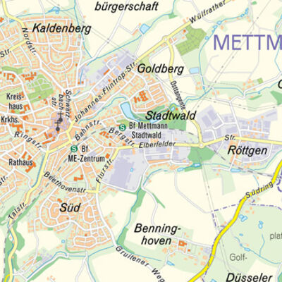 Bild vergrößern: Ausschnitt der amtlichen Stadtkarte des Kreises Mettmann in Standard-Orange im Maßstab 1:50000.