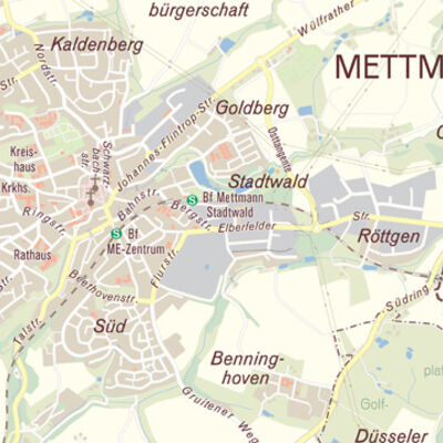 Bild vergrößern: Ausschnitt der amtlichen Stadtkarte des Kreises Mettmann in einer farbreduzierten Darstellung im Maßstab 1:50000.
