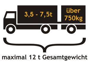 Bild vergrößern: LKW mit Anhänger mit den Aufschriften: "3,5 -7,5t" und "über 750kg". Darunter steht mit einer Klammer zusammengefasst: "maximal 12t Gesamtgewicht".