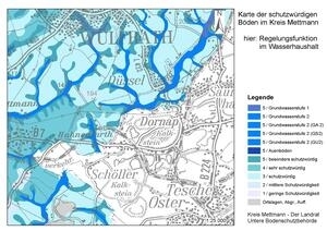 Bild vergrößern: Auszug aus der Bodenfunktionskarte des Kreis Mettmann im Bereich Wülfrath mit farblichen blauen Markierungen.