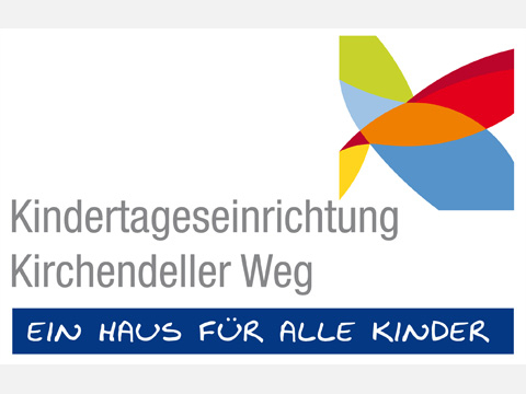 Bild vergrößern: Buntes Emblem, darunter der Schriftzug: "Kindertageseinrichtung Kirchendeller Weg. Ein Haus für alle Kinder".