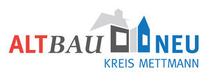 Bild vergrößern: Zwei Häuser mittig des Schriftzuges "ALTBAU" und "NEU". Darunter die Aufschrift: "Kreis Mettmann".