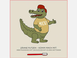 Bild vergrößern: Ein Krokodil mit roter Kappe und T-Shirt mit dem Namen "Micki", vor ihm eine Zahnbürste und der Schriftzug "Zähne putzen- Komm mach mit. Arbeitsgemeinschaft Zahngesundheit im Kreis Mettmann".