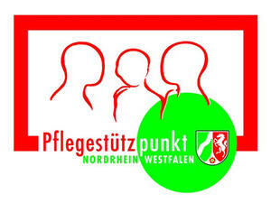 Bild vergrößern: Drei rote Kopfumrisse, darunter der Schriftzug: "Pflegestützpunkt Nordrhein Westfalen" und das Wappen des Landes NRW.
