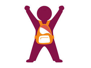 Bild vergrößern: Stilisierte Darstellung eines Kindes mit Rucksack, das die Hände in die Höhe reckt.