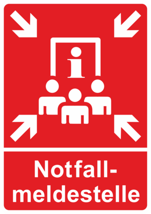 Bild vergrößern: Rotes Symbolschild mit Menschen vor einem Informationsschild. Darunter der Schriftzug Notfall-Meldestelle