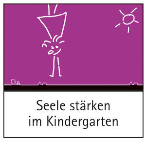 Bild vergrößern: Eine auf dem Kopf stehende Zeichenfigur, darunter die Aufschrift "Seele stärken im Kindergarten".