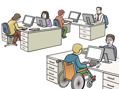 Leichte Sprache: Person im Rollstuhl im Büro