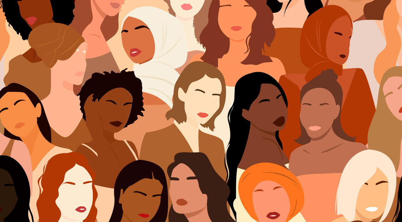 Bild vergrößern: Grafik von Frauen aus verschiedenen Ländern. Erkennbar an der Hautfarbe und diverser Kopfbedeckungen.